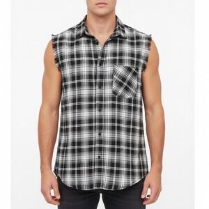 Logeeyar Flannel Shirt Men XL White Black Plaid Frayed Trim Sleeveless Button Up